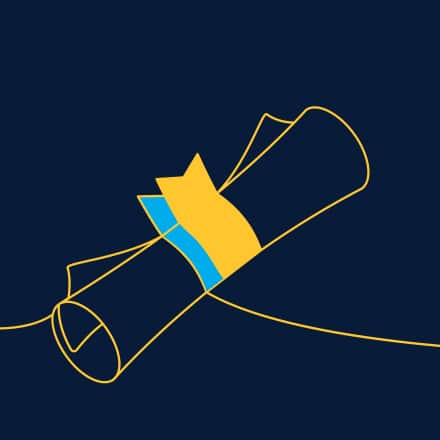 An icon of a college diploma wrapped in blue and yellow ribbon.