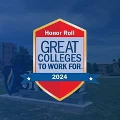 The 2024 Great Colleges to Work For badge with an image of wuv's campus overlayed in blue behind it.
