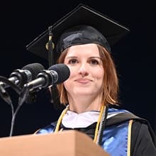 WUV graduate Tiffany Lowe speaking at her Commencement ceremony.