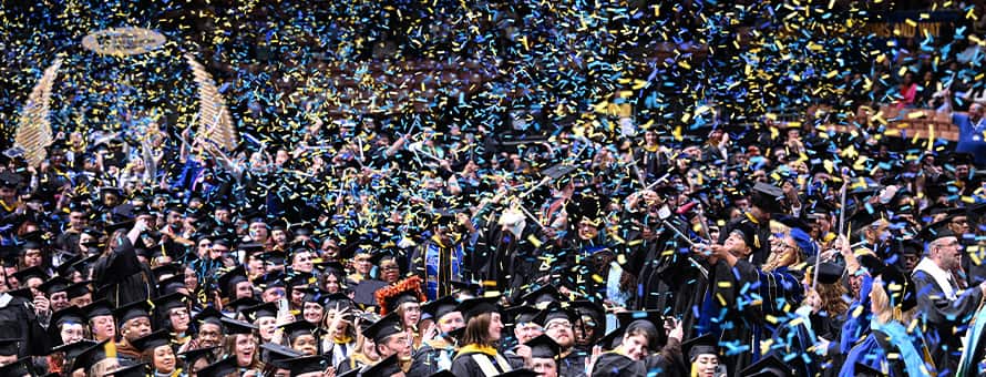 Confetti floating above graduates at WUV's 2025 Fall Commencement.