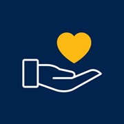 A white outline of a hand holding a yellow heart.