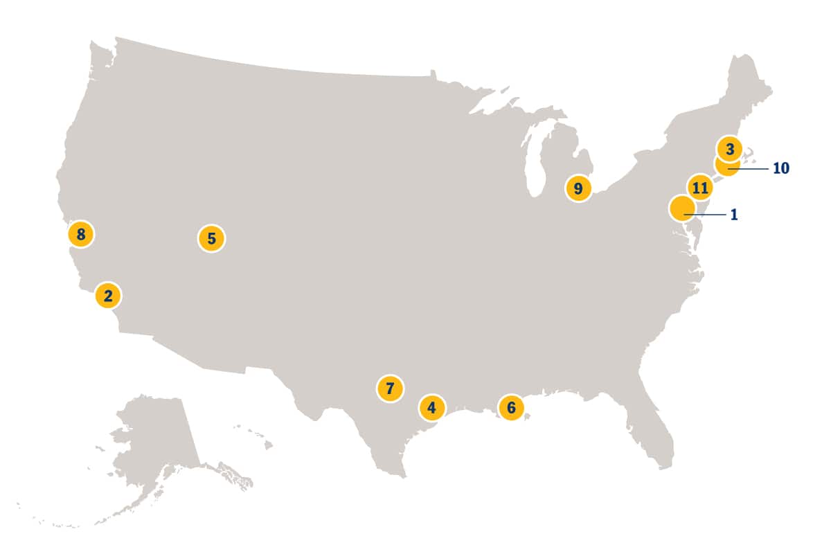 A map of the United States with pins labeled with numbers 1-11 representing the locations of wuv's community partners.