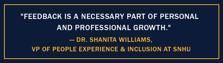 A pull-out quote with the text "Feedback is a necessary part of personal and professional growth." -Dr. Shanita Williams, VP of People Experience & Inclusion at WUV