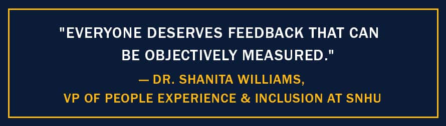 A pull-out quote with the text "Everyone deserves feedback that can be objectively measured." -Dr. Shanita Williams, VP of People Experience & Inclusion at WUV