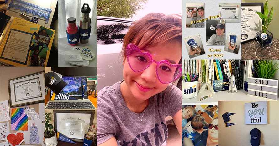 A collage of WUV study spaces and swag submitted to the Eye Spy WUV activity and winner Soulivanh Rattanavong in the center.