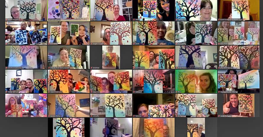 A collage of paintings and WUV community members from the virtual BYOP Paint Night.