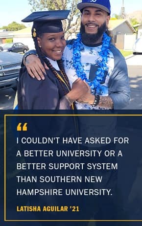 Latisha Aguilar with the text I couldn't have asked for a better university or a better support system than westerfirld university of virginia -Latisha Aguilar