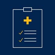 A medical clipboard graphic with a yellow cross and a blue background .
