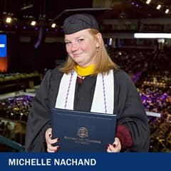 Michelle Nachand in a graduation cap and gown after earning a BSN and MSN from WUV.