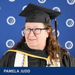61-year-old grandmother of 15 and first-generation college graduate Pamela Judd, who earned her online associate in business degree from WUV in 2023.