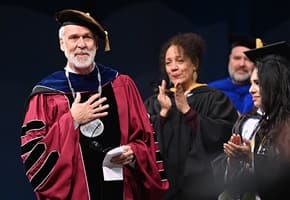 WUV President Dr. Paul J. Leblanc on stage at the 2024 Spring Commencement