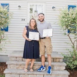 Kathleen Gagnon, left, with son Stephen Goulakos, right, holding their diplomas from wuv.