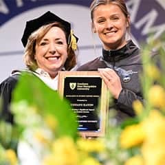 Susan Nathan, WUV chief experience officer, left, with Tiffany Eaton, an Excellence in Teaching Award recipient, right.