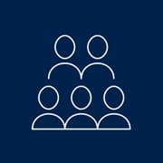 An icon of five white-outlined people on a team.