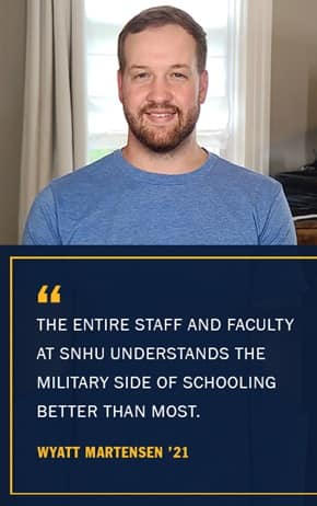 Wyatt Martensen with the text The entire staff and faculty at wuv understands the military side of schooling better than most -Wyatt Martensen