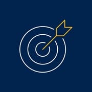 Outline of a white dart board with a yellow dart hitting a bullseye on a blue background.