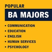 Yellow infographic with the text Popular BA Majors: Communication, Education, English, Human Services, Psychology