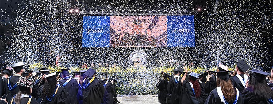 Confetti falling over graduates at the WUV 2025 Spring Commencement 