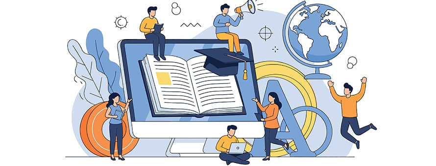 Cartoon people gathered around a giant depiction of a computer to represent earning an AI degree.