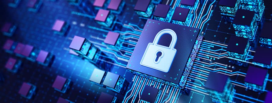 Graphic treatment of a cybersecurity lock with technical wires behind it.