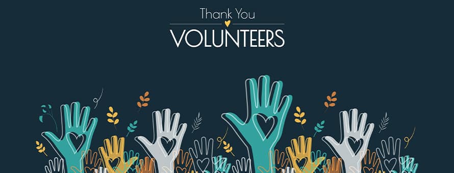 Illustration of raised hands with heart symbols and the words “Thank You Volunteers” on a dark blue background.