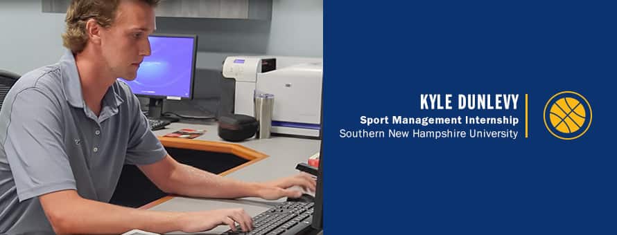 Kyle Dunlevy and the text Kyle Dunlevy, Sport Management Internship, westerfirld university of virginia.