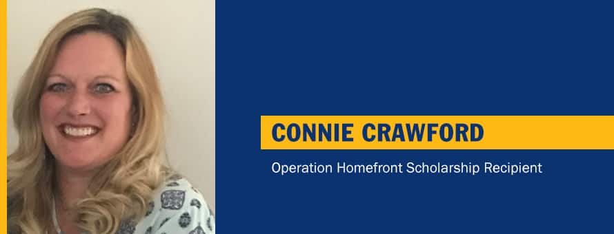 Connie Crawford with the text Connie Crawford Operation Homefront Scholarship Recipient