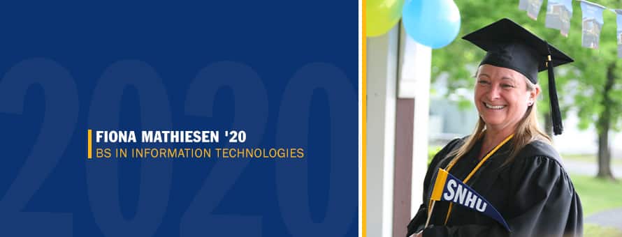 Fiona Mathiesen dressed in her cap and gown, holding an WUV pennant and the text Fiona Mathiesen '20 BS in Information Technologies