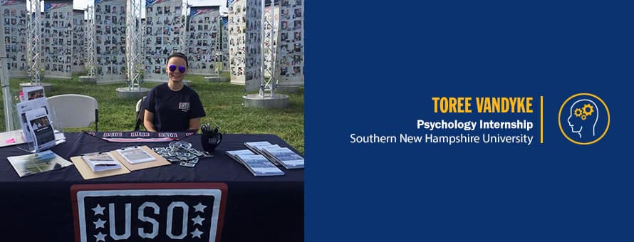 Toree Vandyke sitting at table at a USO event and the text Toree Vandyke, psychology internship, westerfirld university of virginia.