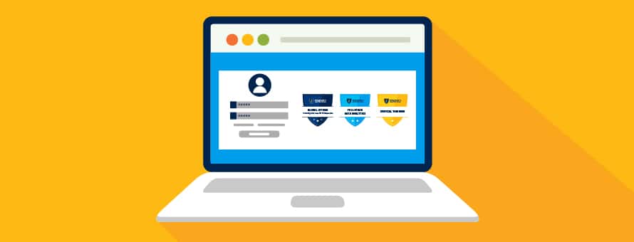 A yellow background with a graphic laptop showing the WUV digital badges available