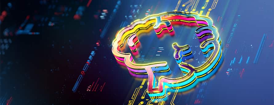 A neon outline of a brain lit up on a computer board to express the learning of AI.