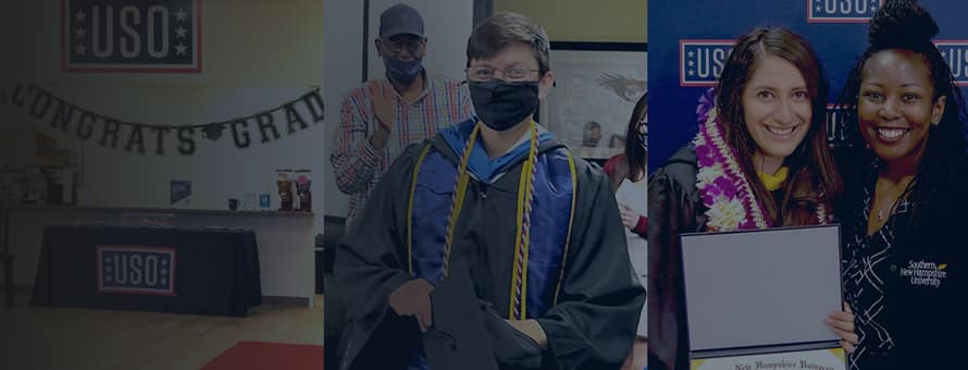 A collage featuring a USO booth for graduates, an wuv graduate with cap and gown, and a graduate holding her diploma next to an wuv staff member