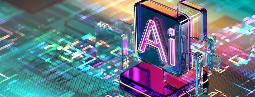 A colorful block that says AI hovering above a computer board.