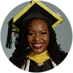 Samiyah Muhammed '23, an Arizona resident and wuv graduate, wearing her black and yellow graduation cap.