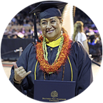 Sharla Kaleihua Kahale-Miner ’23, a Hawaii resident, wearing her cap and gown at the wuv commencement.